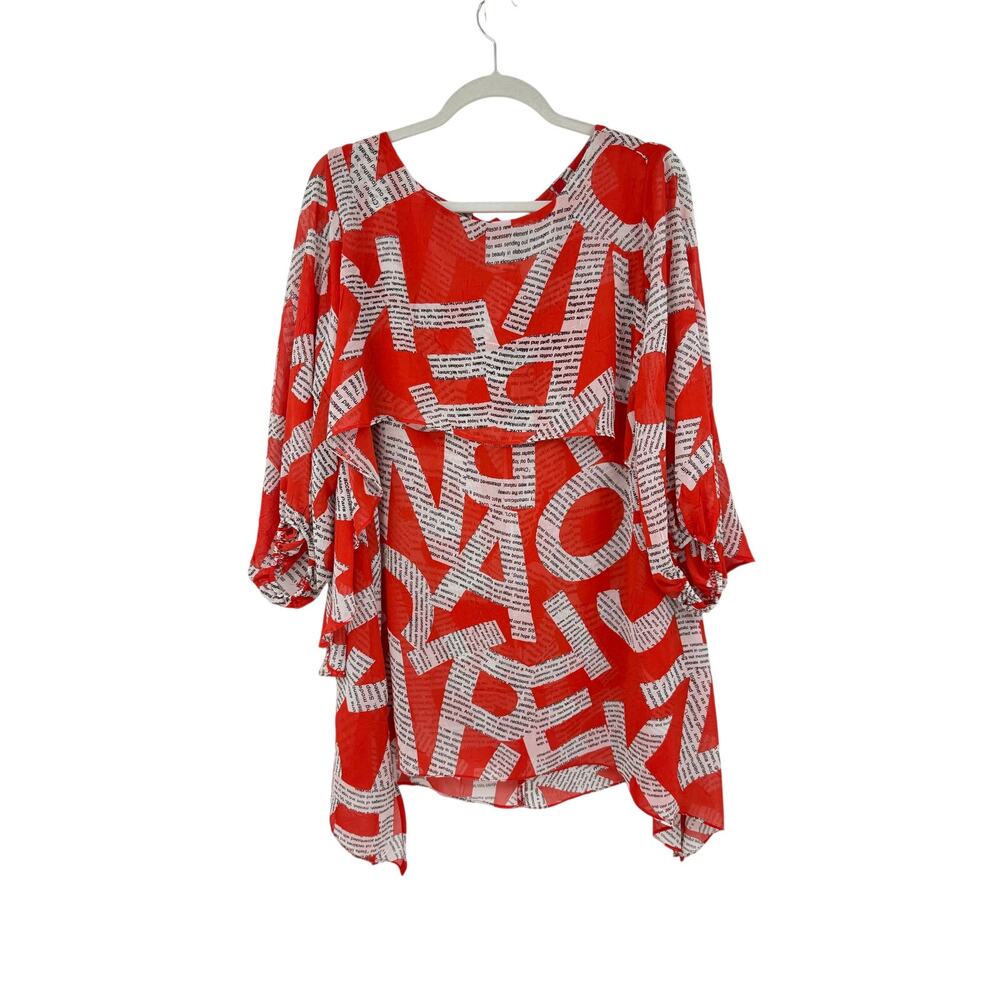 IC Collection by Connie K Womens S Top Sailor Collar Gazette Print Red Artsy